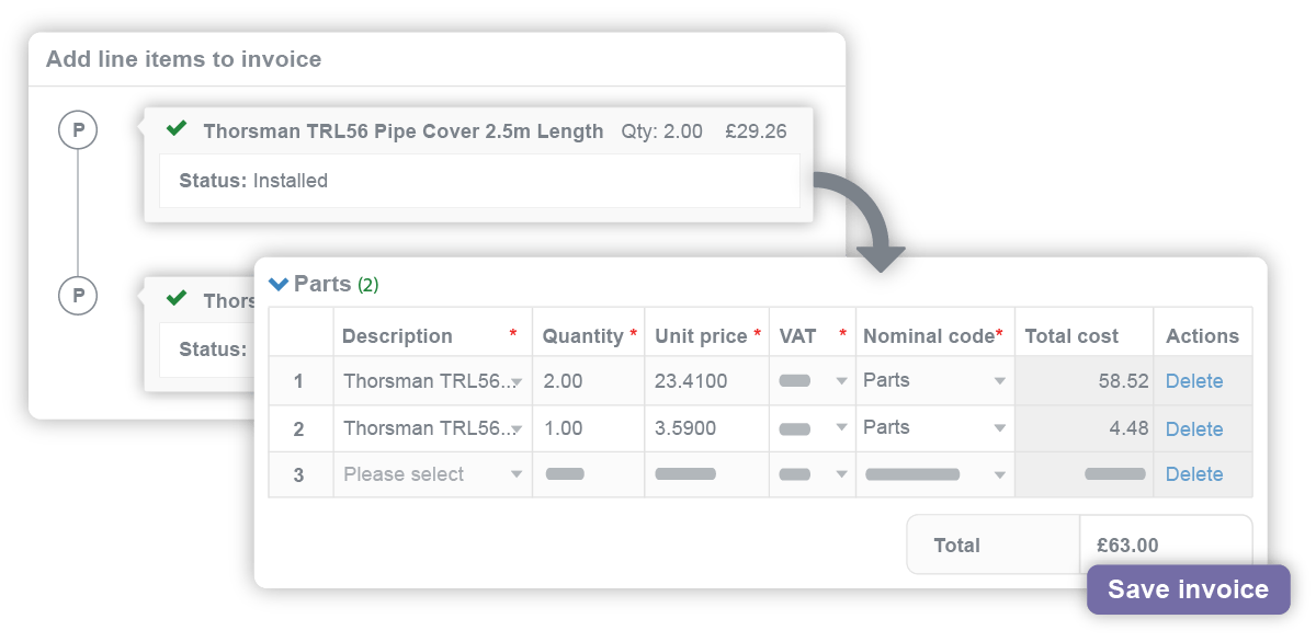 Parts added to the invoice