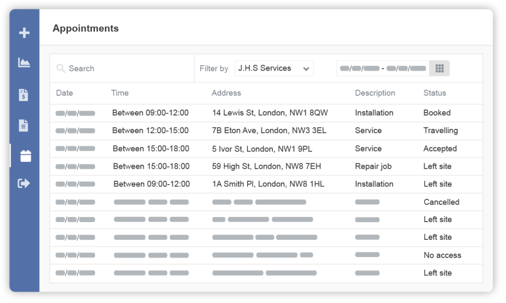 Customer portal appointments list