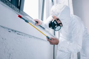 pest control worker spraying pesticides under windowsill at home