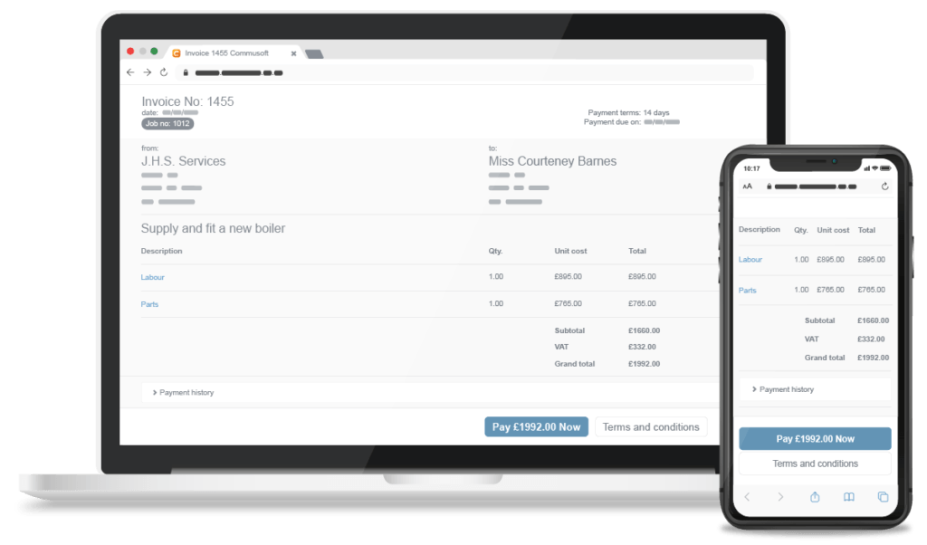 Invoice portal on a laptop powered by fire protection field service software