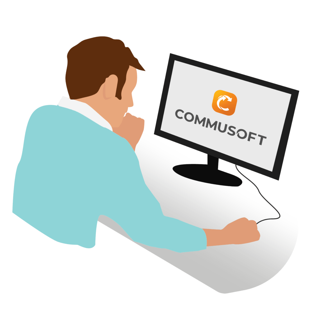 cartoon man sat at computer clicking on the screen watching commusoft demo
