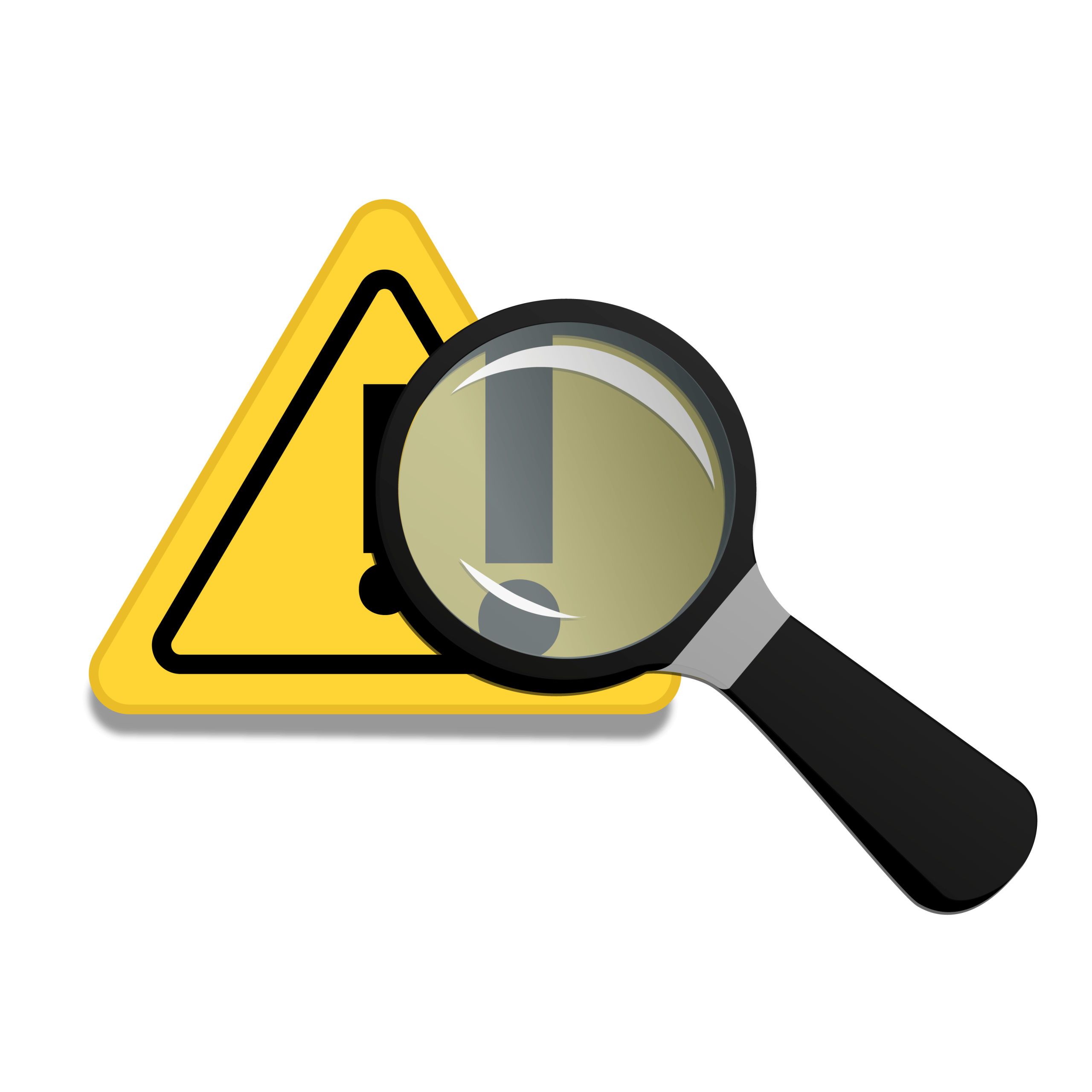 magnifying glass looking at a warning sign to spot problems