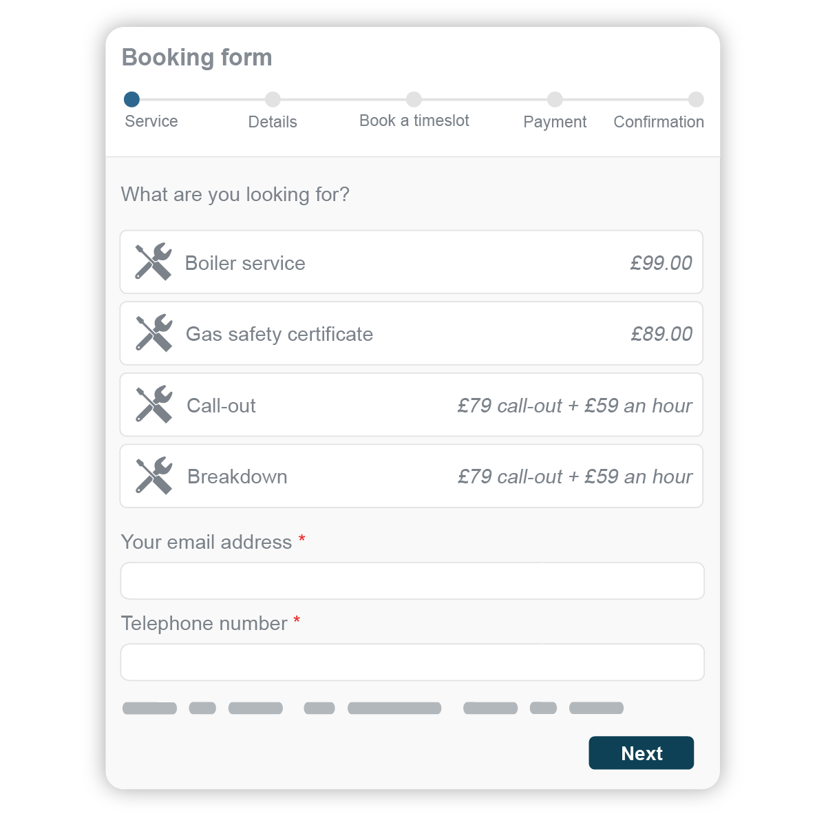 Online booking showing job details