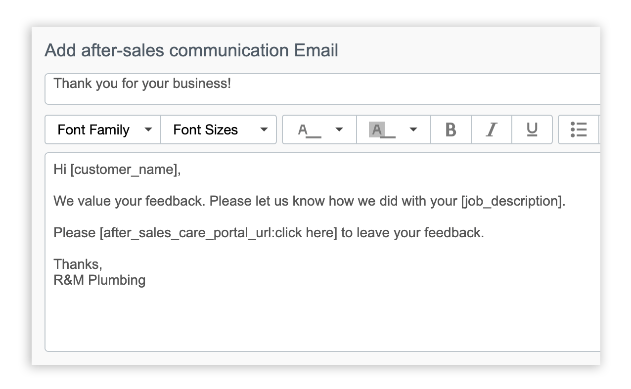 After-sales email template within customer feedback software