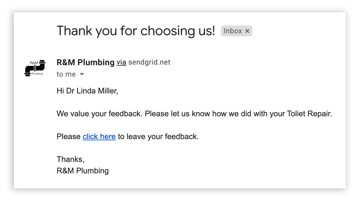 Plumbing email example to customer using feedback software