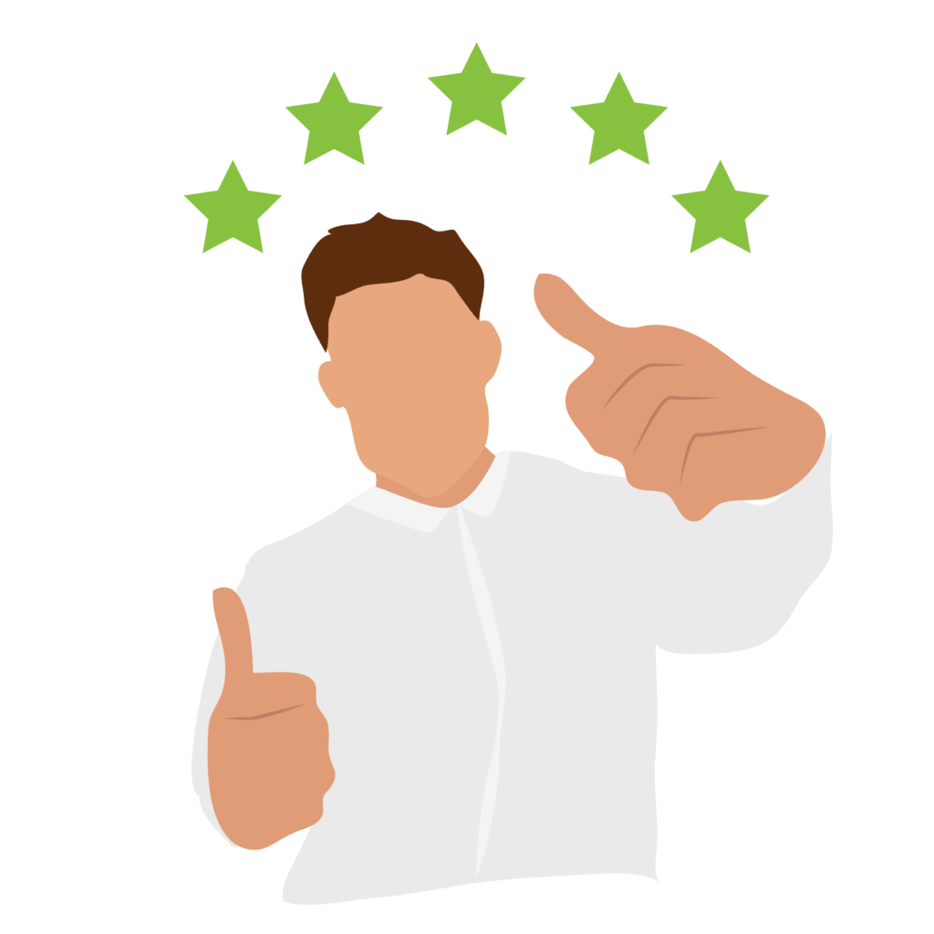 male giving two thumbs up and 5 stars review