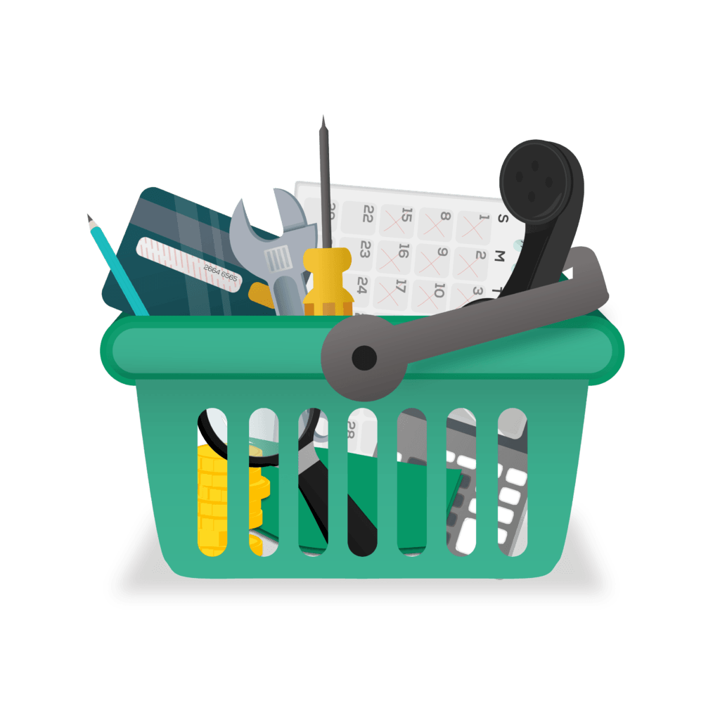 a shopping basket full of tools representing software tools for payments, calling, and scheduling jobs