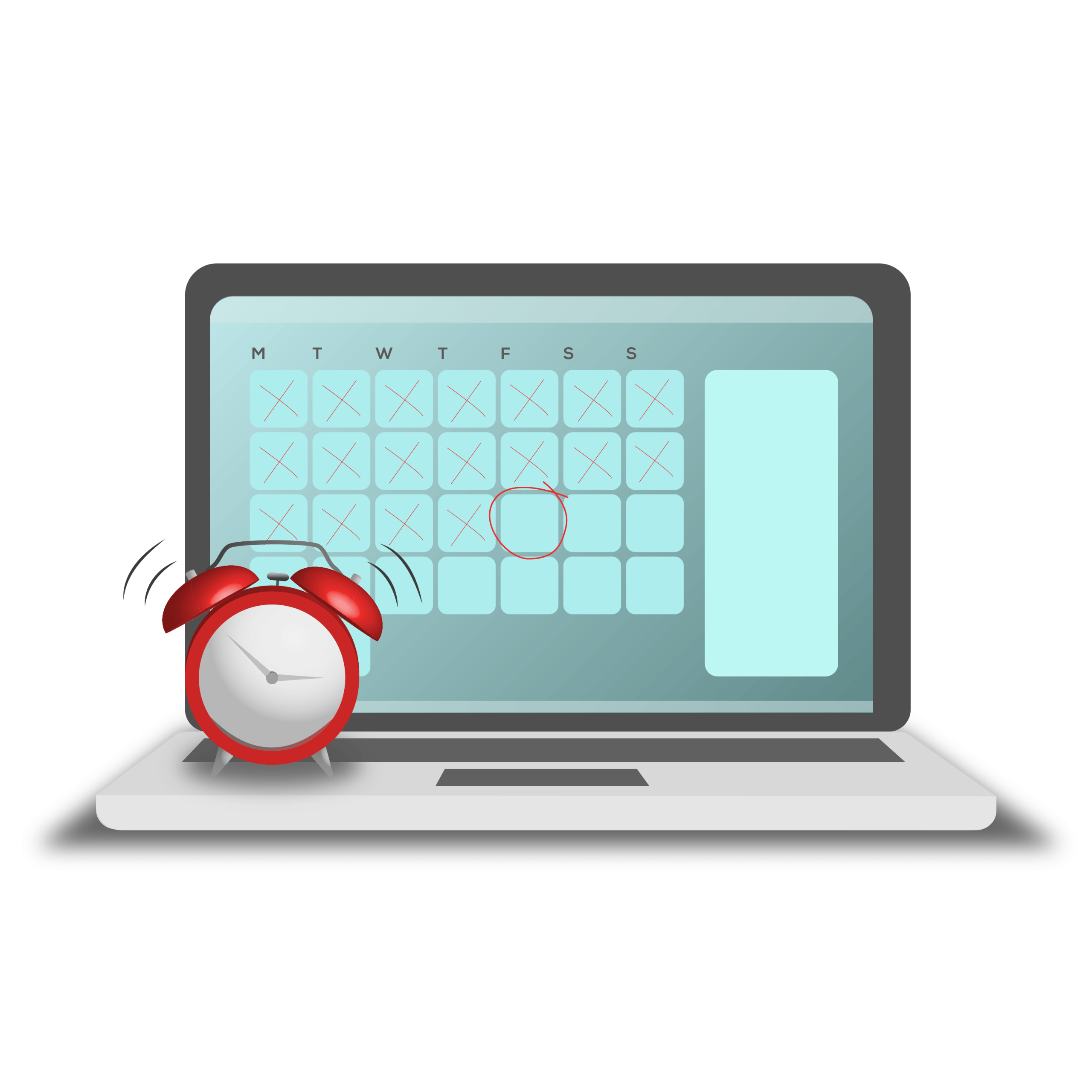 a calendar showing dates on a laptop screen with an alarm clock 