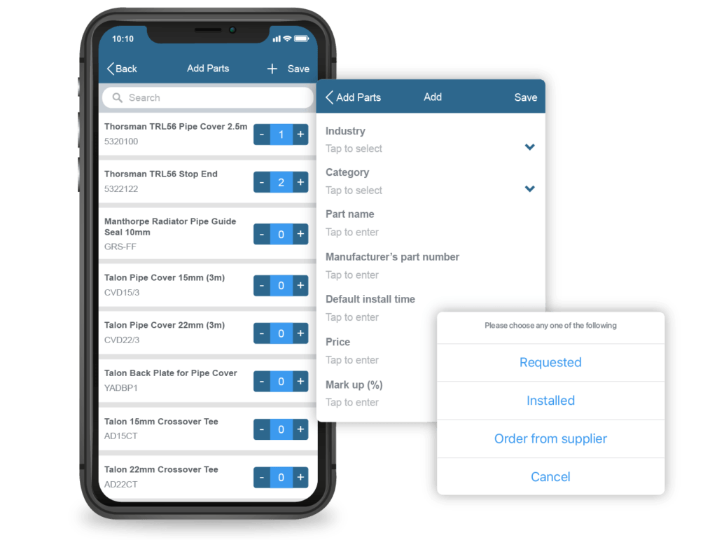 Commusoft parts inventory management software on the mobile app