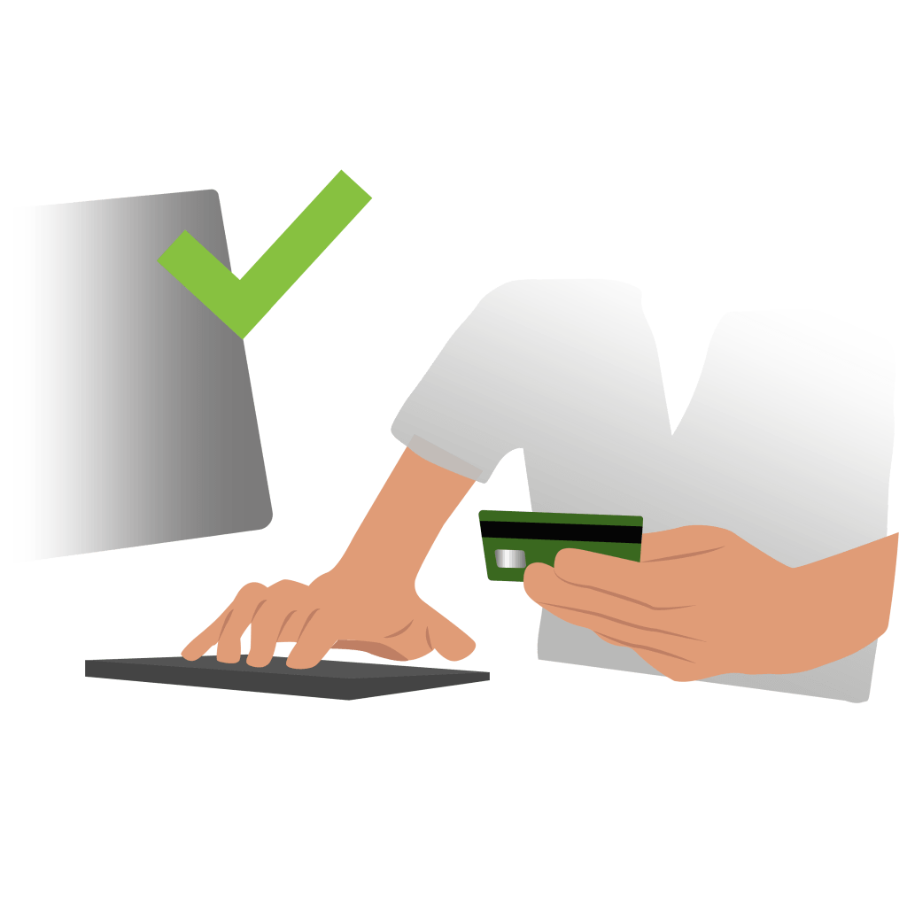 male hand holding credit card making payment on a computer