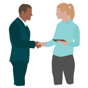 male customer and female rep shaking hands