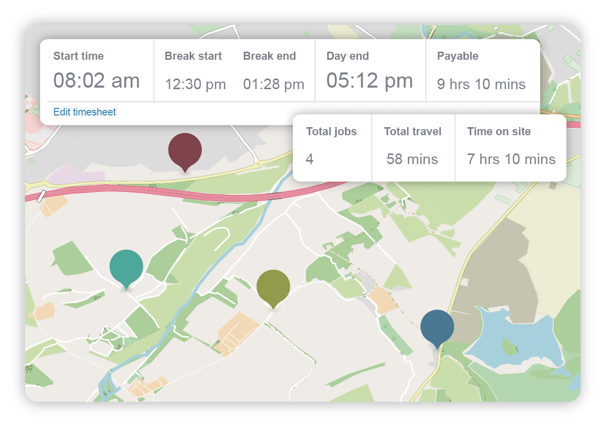 Map displaying engineer timesheet