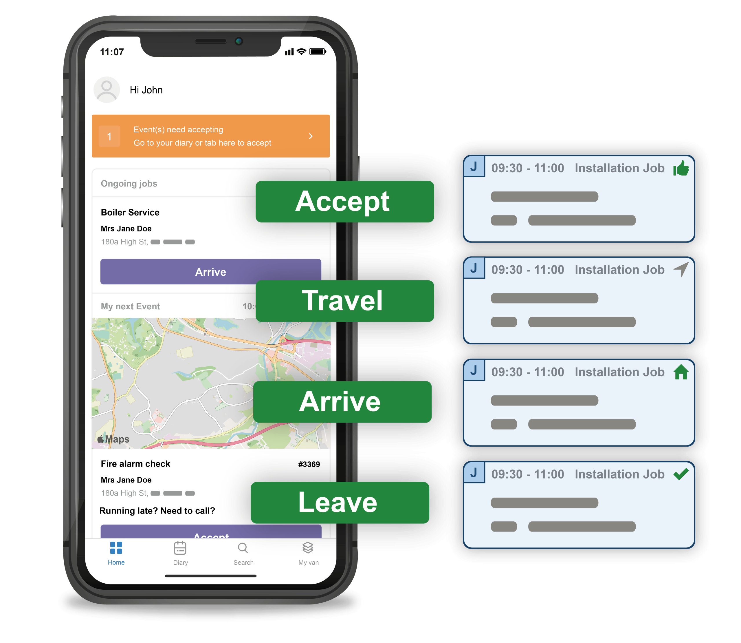 Commusoft Mobile App, with Dairy status; including Accept, Travel, Arrive, and Leave options