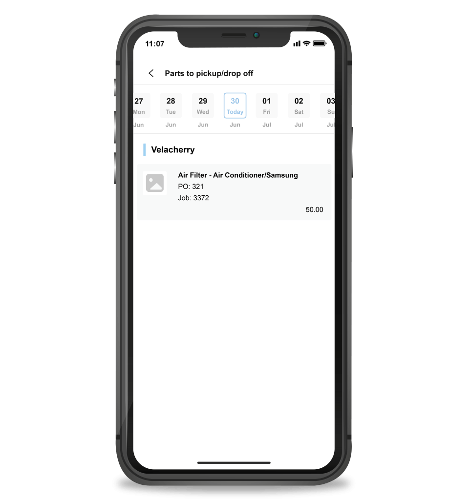 parts inventory management software on mobile app showing parts to pick up