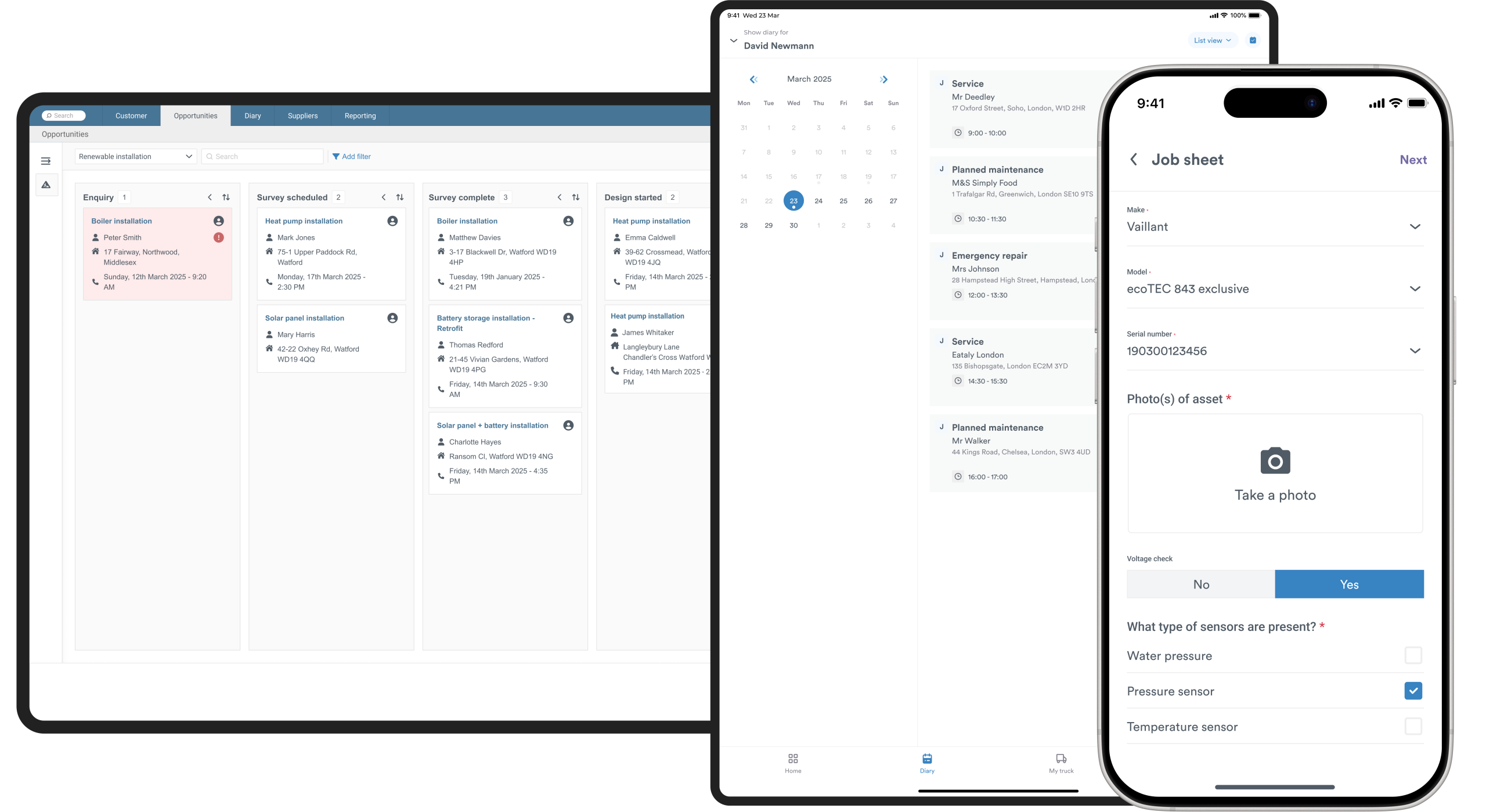Commusoft overview image showing our opportunity management board, mobile diary, and digital job sheet for engineers in the field