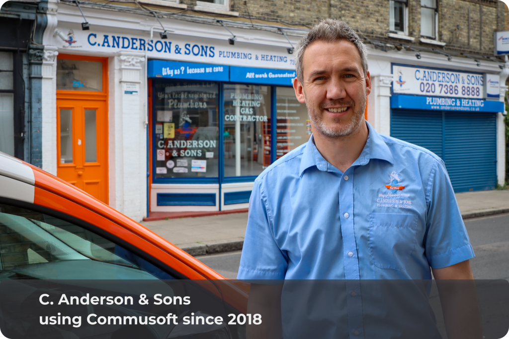 crawford anderson, standing outside their offices, he's been using commusoft field service management software since 2018